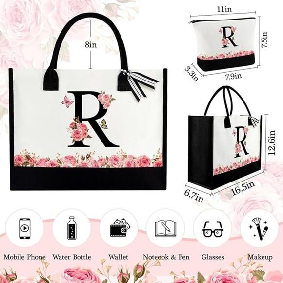 Floral Tote Bag Set - Mono 'R" Chic, Gift-Ready & Stylish Carryall - Picture 3 of 5